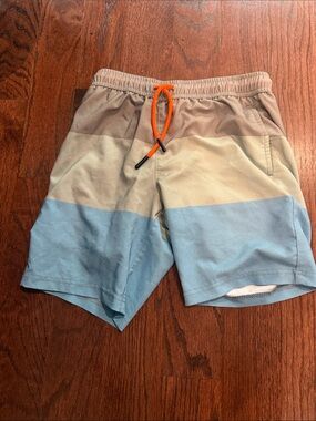 Kids Colorblock Swim Trunks in Blue, Tan & Cream with Orange Drawstring